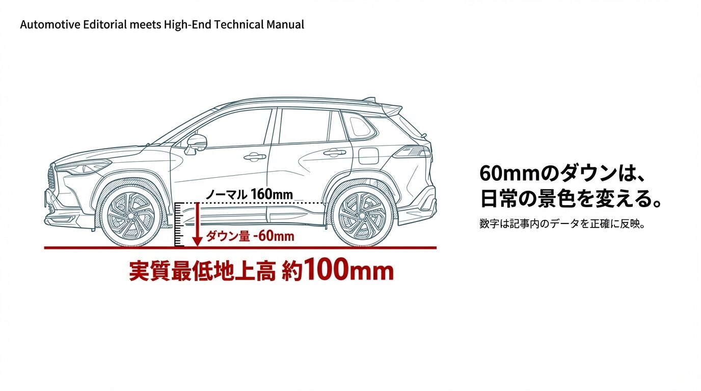 カローラクロスのノーマル地上高160mmに対し、モデリスタ装着で60mmダウンし、実質100mmになることを示すサイドビューのイラスト。