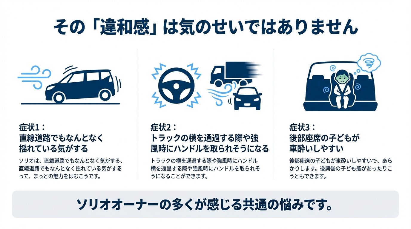 直線での揺れ、横風でのフラつき、後部座席の車酔いというソリオの3つの不満症状のイラスト