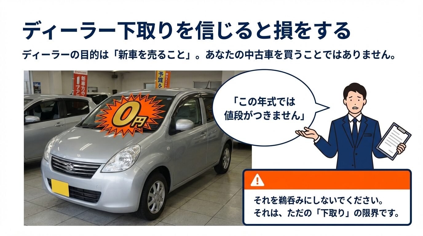ディーラーで「0円」と査定され、ショックを受けるオーナーと下取りの限界を伝えるイラスト。