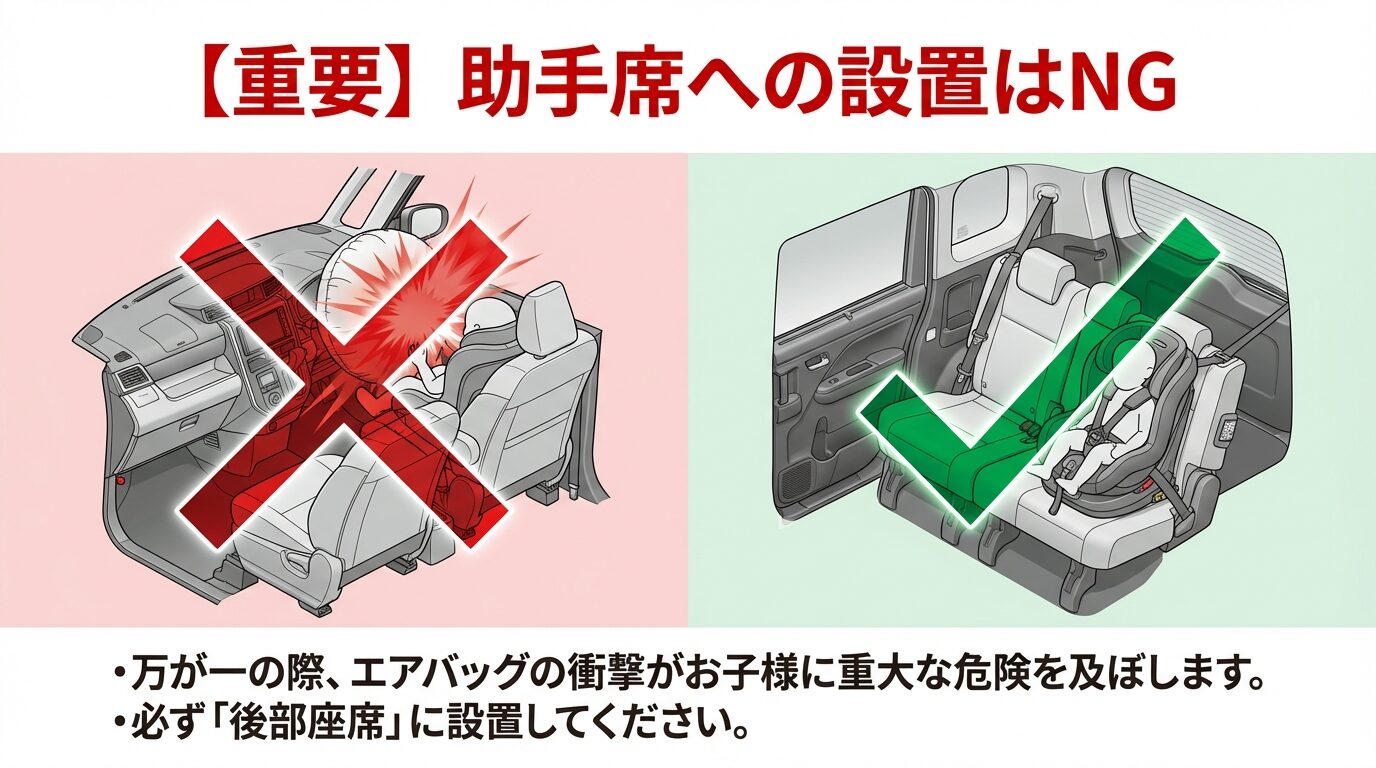 助手席に設置した場合のエアバッグ作動による危険性を示す、大きなバツ印がついた警告イラスト