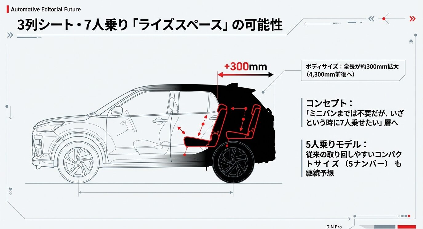 現行より全長を約300mm拡大し、4,300mm前後で7人乗りを実現するライズスペースのコンセプト図