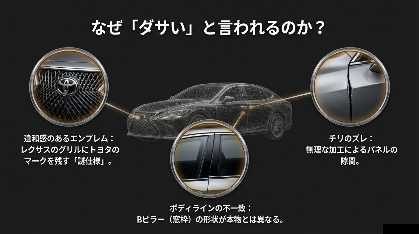 トヨタマークが残る謎仕様、パネルの隙間（チリ）、Bピラー形状の違いを説明する画像