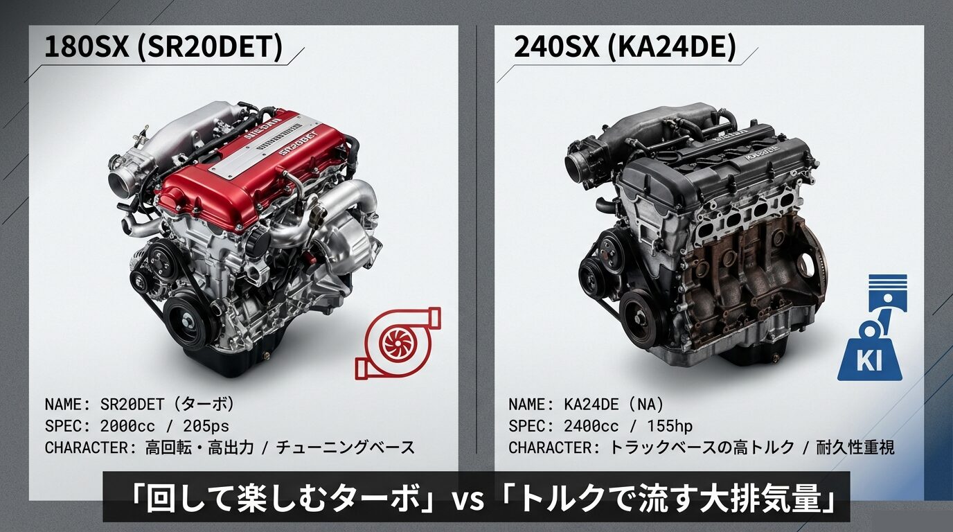 180SXのSR20DETエンジンと240SXのKA24DEエンジンの画像および、馬力・トルク・材質・性格の違いを解説した比較スライド