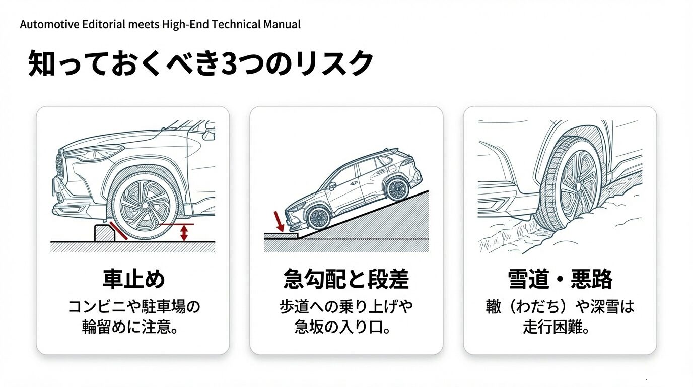 コンビニの車止め、歩道への乗り上げ段差、雪道の轍など、エアロを擦りやすい具体的な3つのシチュエーションを描いたイラスト。