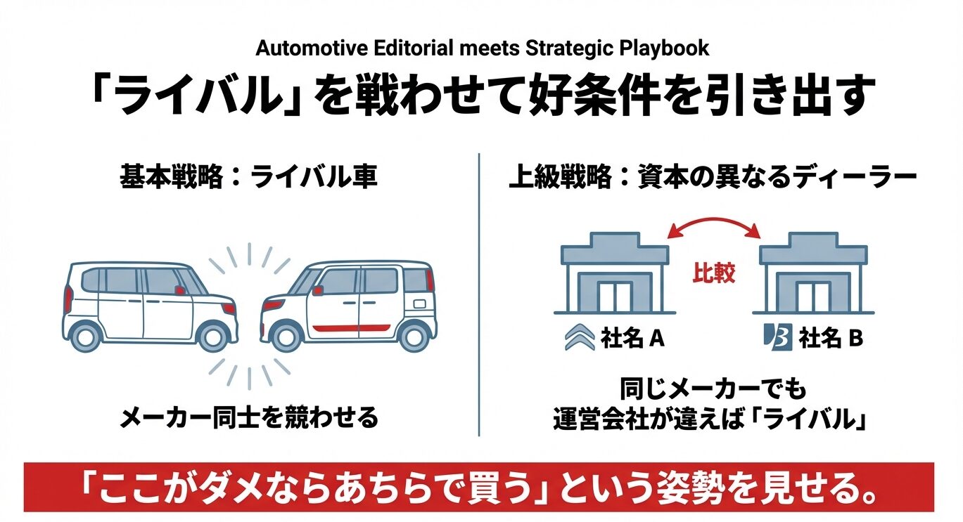 メーカー同士を競わせるイメージと、同じメーカーでも運営会社(資本)が違うディーラーを比較する戦略を示したイラスト