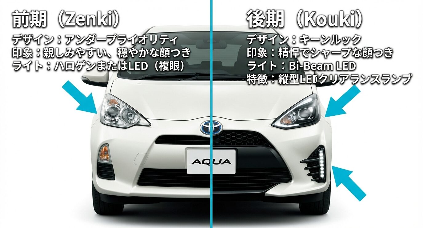 前期型の穏やかなデザインと、後期型の精悍な「キーンルック」を比較した画像。Bi-Beam LEDや縦型クリアランスランプの特徴が解説されています。