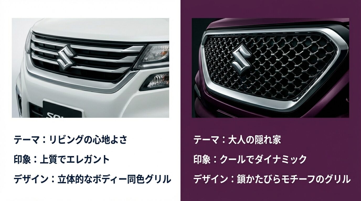 リビングの心地よさをテーマにした標準モデルと、大人の隠れ家をテーマにしたバンディットのフロントグリル比較画像