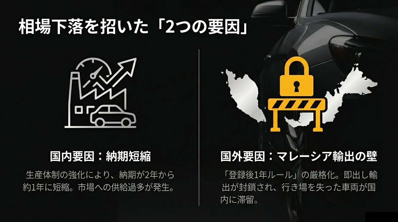 生産体制強化による国内の納期短縮と、マレーシア輸出規制（1年ルール）による国外要因の2つを説明するアイコン付きスライド