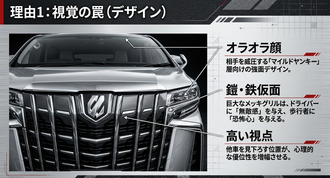 ルファードの巨大なメッキグリル（オラオラ顔）が、ドライバーに無敵感を与え、周囲に恐怖心や威圧感を与えるメカニズムを解説する画像。