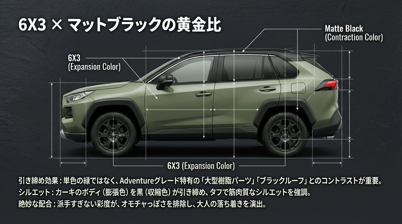 RAV4アドベンチャーのサイドシルエットに補助線を引き、カーキと黒のパーツの視覚的バランスを解説する図解