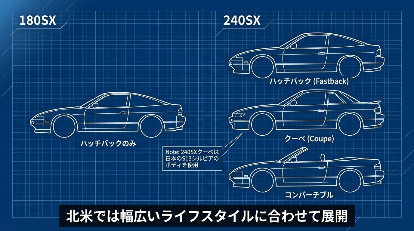 ハッチバックのみの180SXに対し、ファストバック・クーペ・コンバーチブルの3種が存在する240SXのボディ形状を比較した設計図風のイラスト