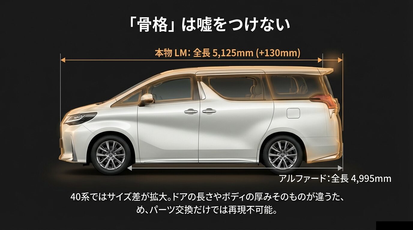 本物のLMはアルファードより全長が130mm長いことを示すサイドビューの比較イラスト