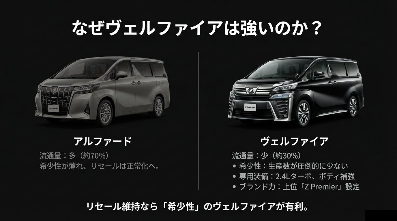 流通量が多くリセールが正常化するアルファードと、生産数が少なく専用装備で希少性が高いヴェルファイアの比較図