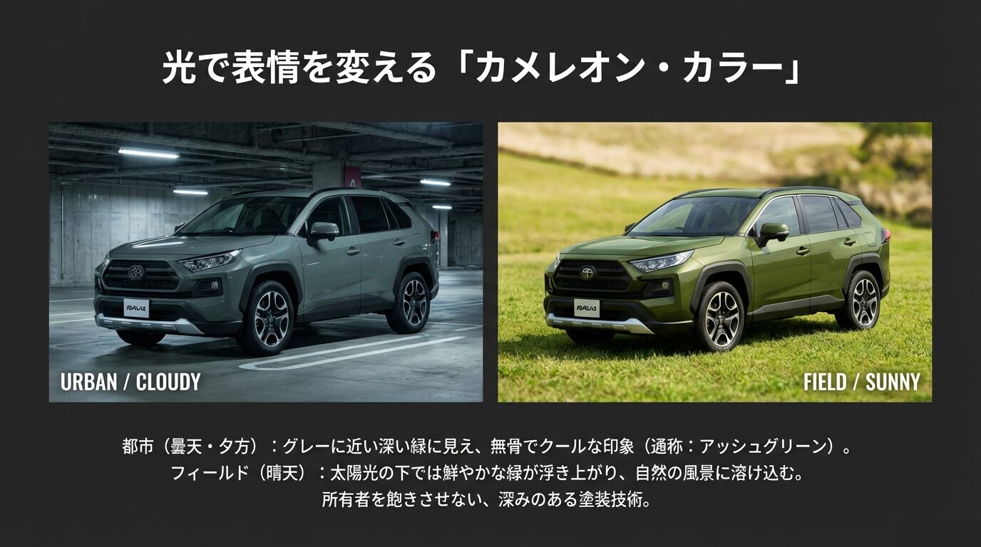 都会の曇天（アッシュグリーン風）とフィールドの晴天（鮮やかな緑）で見え方が変わる比較写真