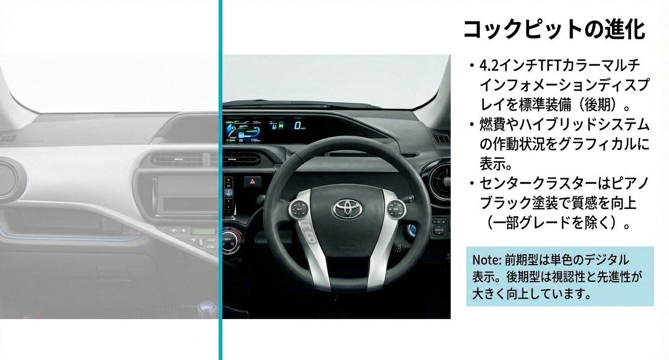 後期型で標準装備された4.2インチTFTカラーマルチインフォメーションディスプレイと、ピアノブラック塗装されたセンタークラスターの内装画像。