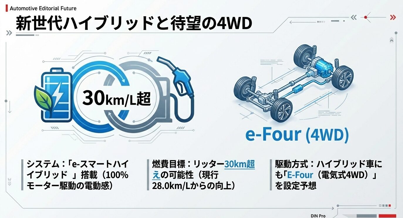 燃費リッター30km超えを目標とするe-スマートハイブリッドと、電気式4WD（e-Four）のシステムイメージ