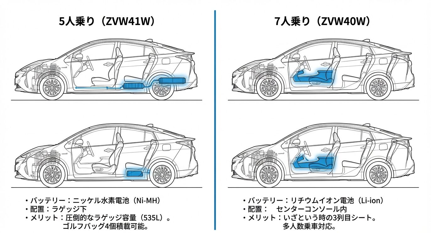 5人乗りのニッケル水素バッテリー（ラゲッジ下）と、7人乗りのリチウムイオンバッテリー（センターコンソール内）の配置とメリットを比較した図解。