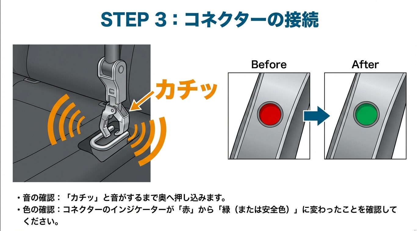 コネクターを押し込んだ際のカチッという音の確認と、インジケーターが赤から緑に変わった状態の比較
