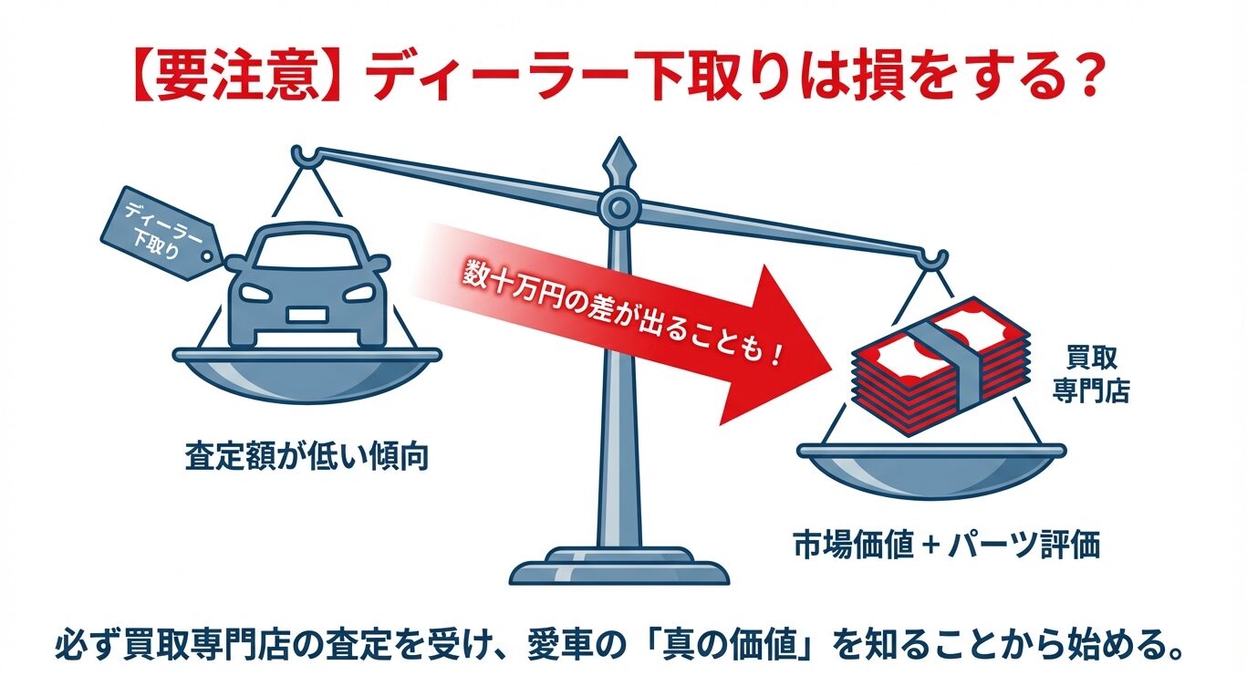 天秤の左側に査定額が低いディーラー下取り、右側に市場価値を反映して高額な買取専門店を配置した比較図