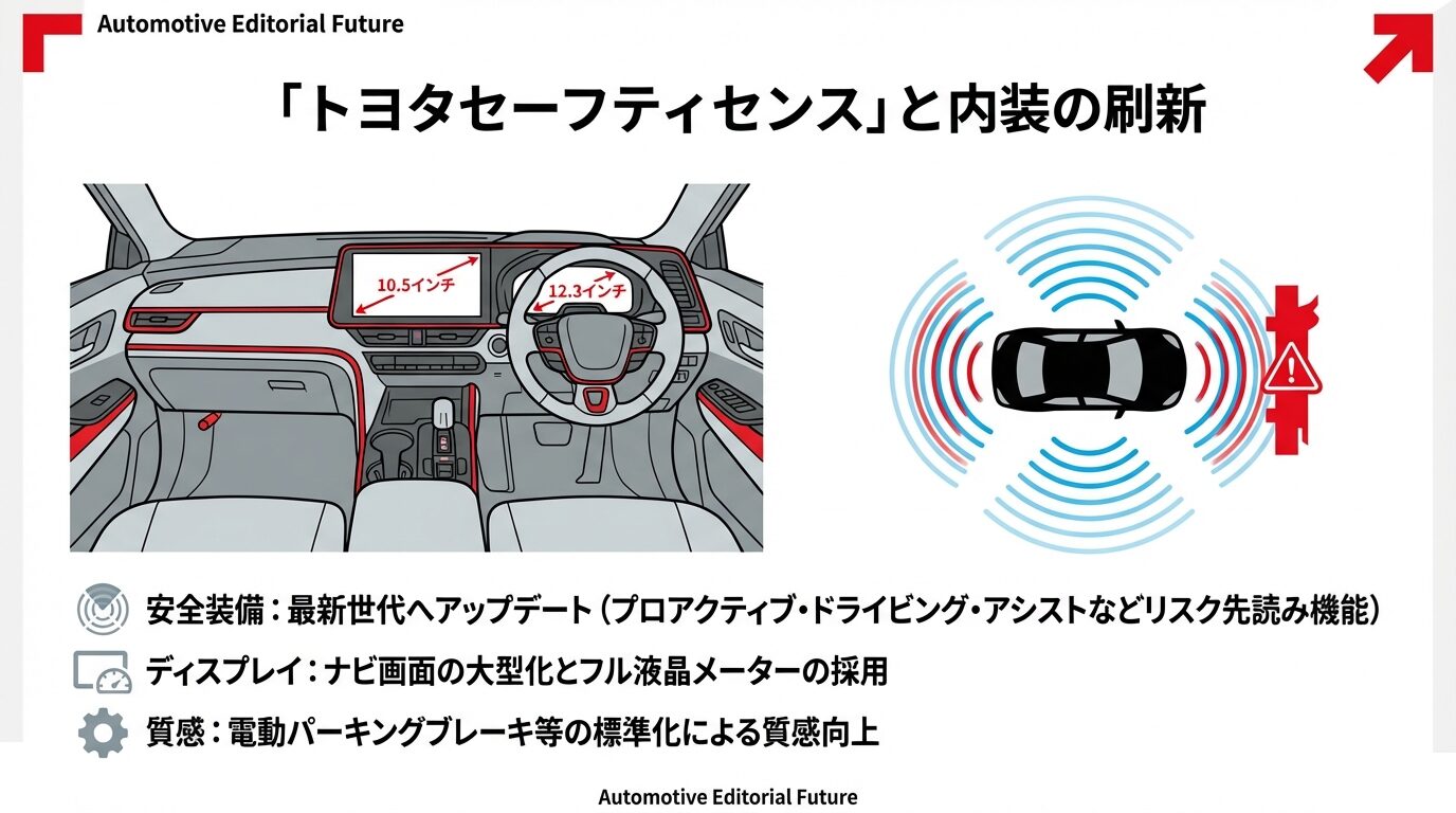 最新世代の安全装備アップデートと、10.5インチディスプレイ、12.3インチフル液晶メーターの採用イメージ
