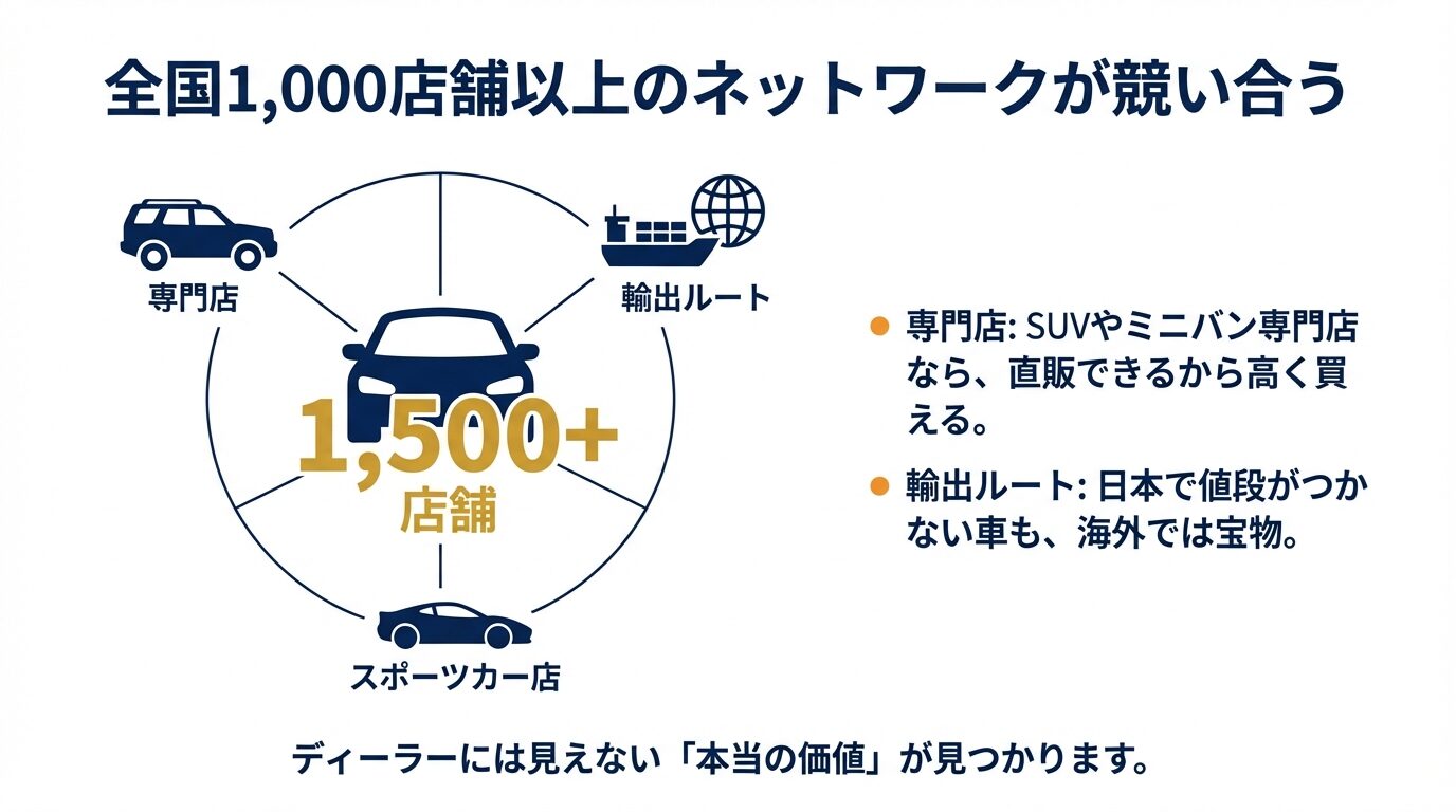 専門店や輸出ルートなど、1,500店舗以上のネットワークが競い合う仕組みの図解。