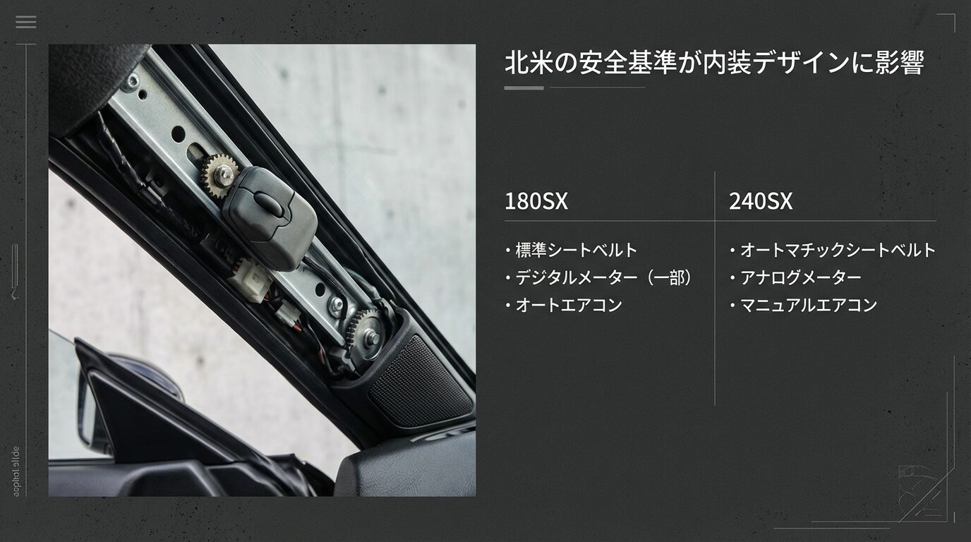 240SX特有の電動スライド式シートベルトのメカニズム画像と、メーター・エアコン等の日米装備比較表