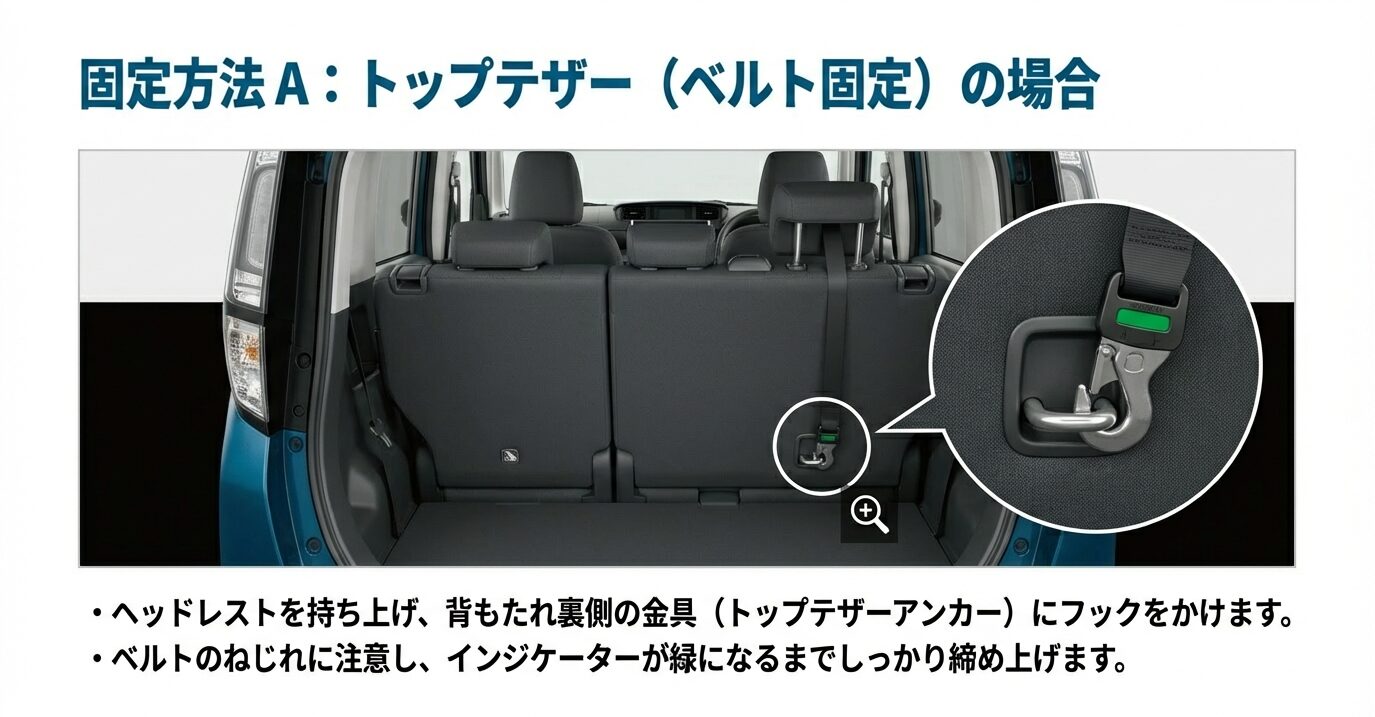 ヘッドレストを持ち上げ、背もたれ裏側のアンカーにフックをかけてベルトを締め上げる方法