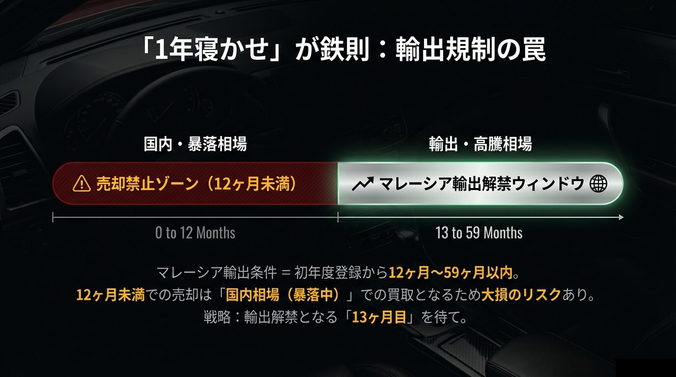 登録12ヶ月未満の「売却禁止ゾーン（国内相場）」と13ヶ月目以降の「輸出解禁ウィンドウ（高騰相場）」の違いを示すチャート図