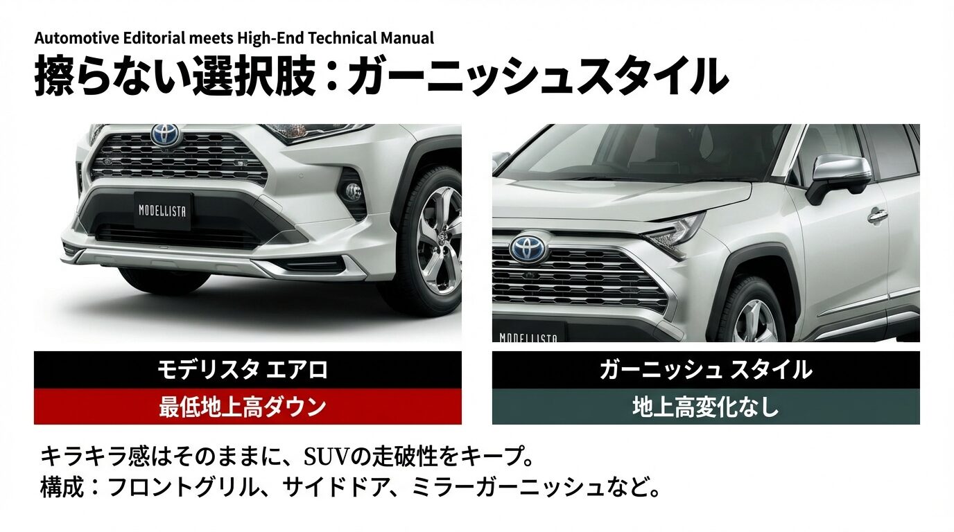 モデリスタのガーニッシュスタイルを装着したフロントマスク。地上高に変化がないことを強調している。