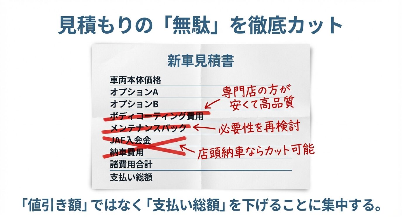 新車見積書のイメージ図に、ボディコーティング、メンテナンスパック、納車費用などの無駄をカットするポイントを記した解説画像