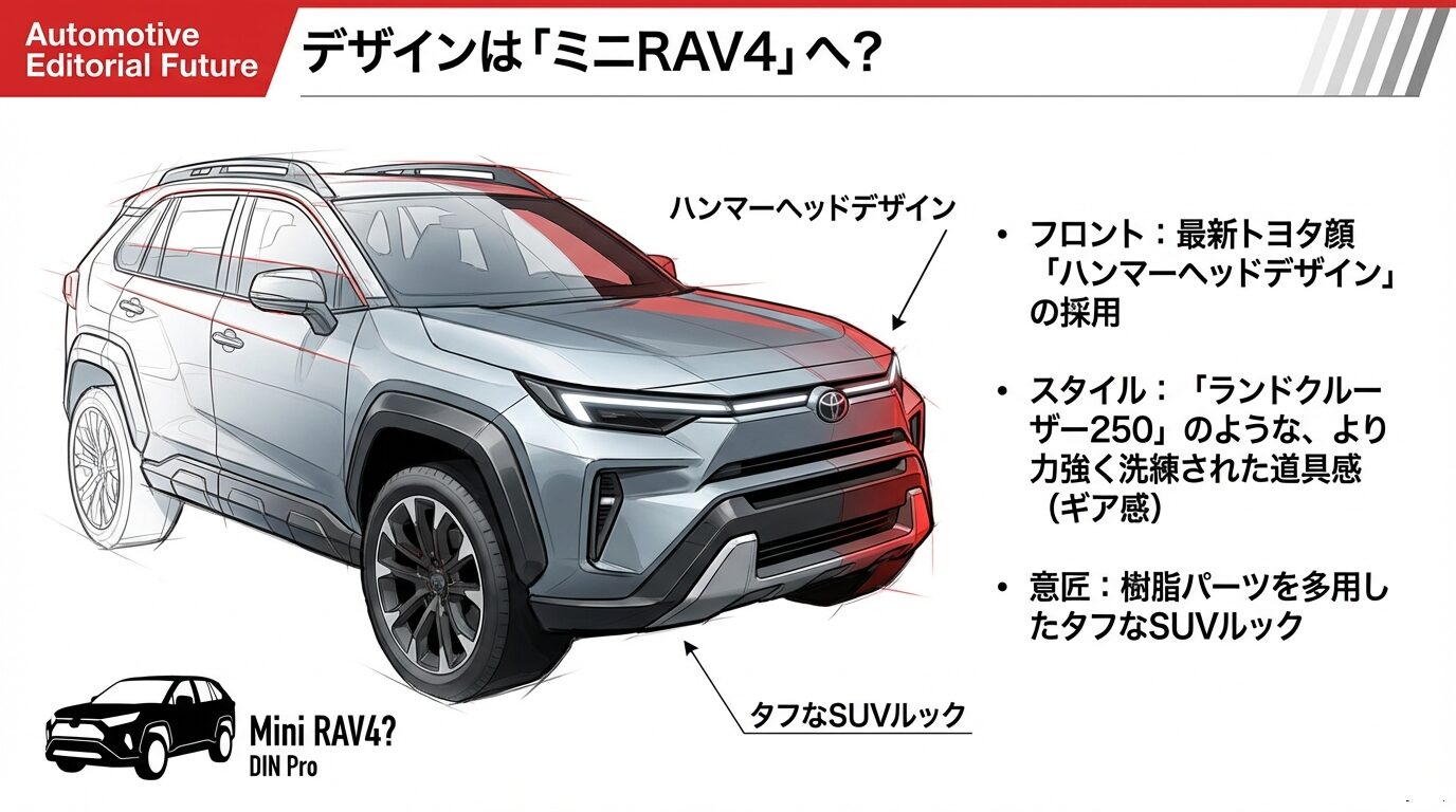 ミニRAV4やランドクルーザー250のような力強く洗練されたデザインスケッチと、ハンマーヘッドデザインの解説