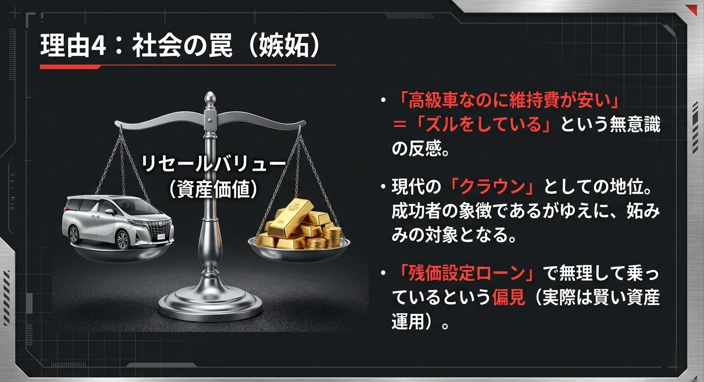 アルファードの高い資産価値（リセールバリュー）と、成功者の象徴ゆえに妬みの対象となりやすい社会的なバイアスを天秤のイラストで表現したスライド。