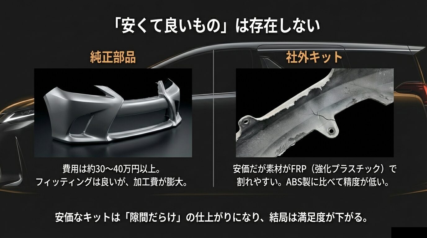 安価な社外キットに使用されるFRP素材が割れやすく精度が低いことを示す比較画像