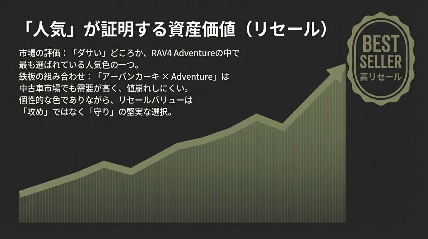 アーバンカーキ×アドベンチャーの組み合わせが中古車市場で高い需要を誇ることを示すリセール解説図