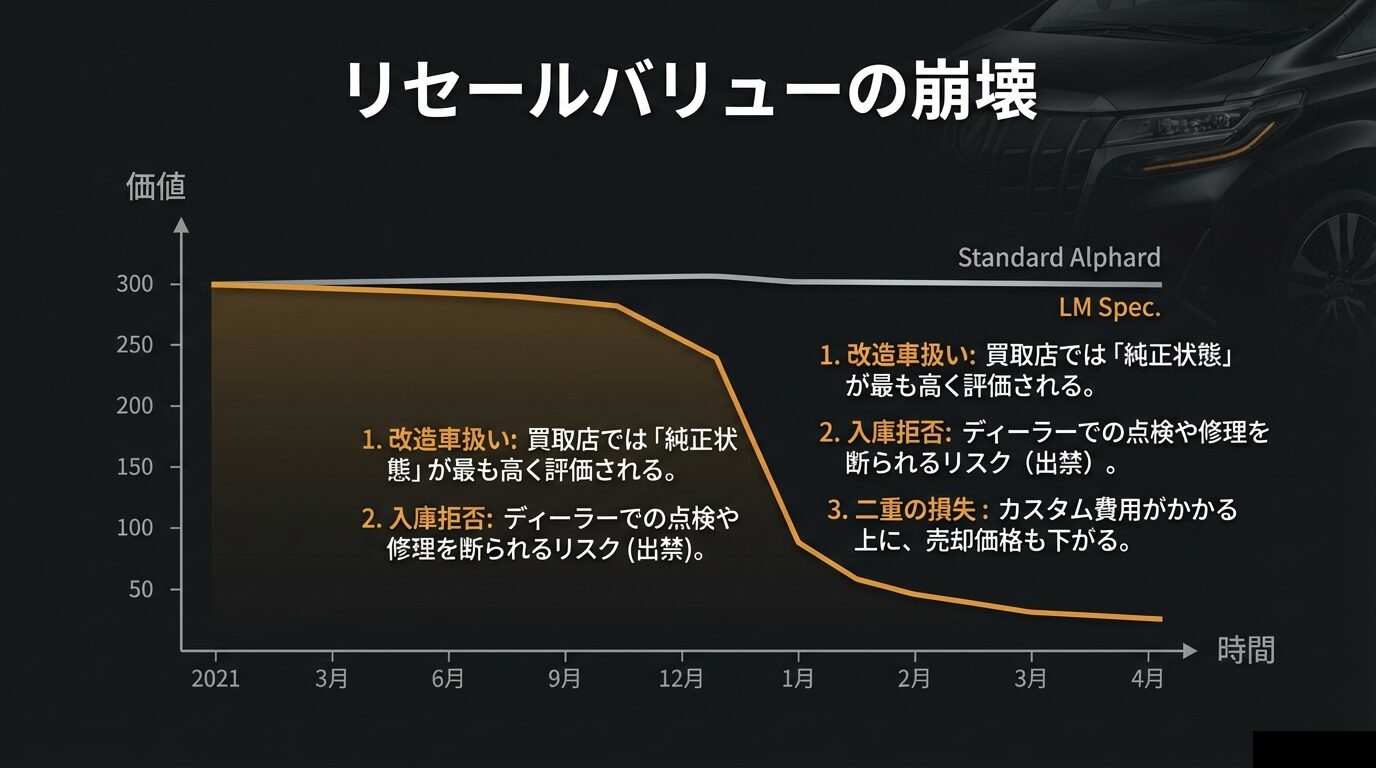 純正状態とLM仕様車の売却価格差およびディーラー入庫拒否のリスクを示すグラフ