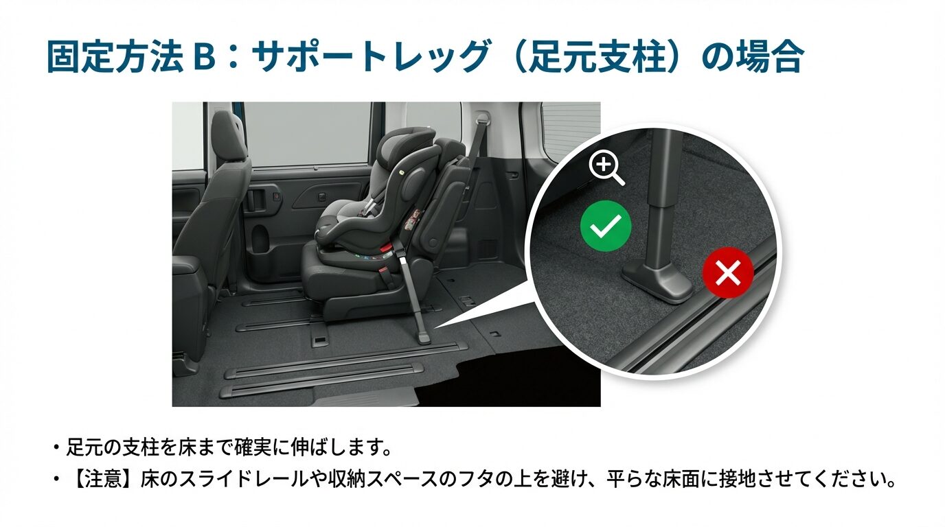 足元の支柱を伸ばす際、スライドレールや収納のフタを避けて平らな床面に設置するOK例とNG例