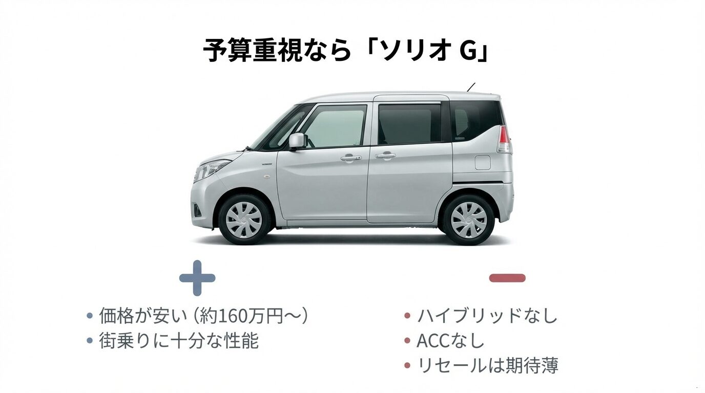 価格の安さと街乗り性能を評価しつつ、ハイブリッド非搭載やリセール期待薄などの注意点をまとめたスライド