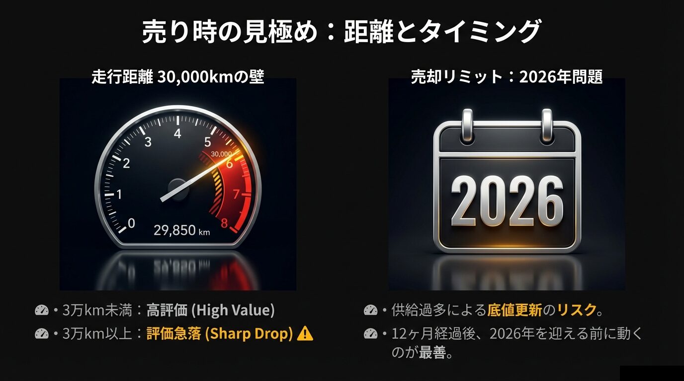 走行距離3万kmを超えると評価が急落すること、および供給過多が予想される2026年問題への対策を示した警告画像