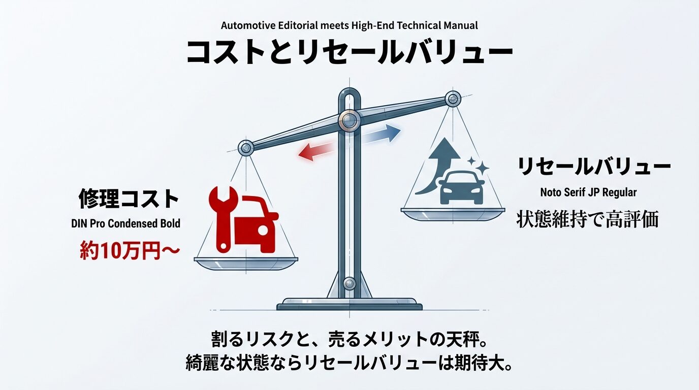 修理コスト（約10万円〜）とリセールバリュー（高評価）を天秤にかけたイラスト。状態維持の重要性を示唆している。