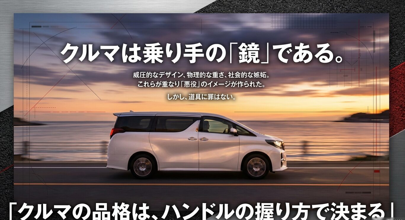 道具に罪はなく、クルマの品格はハンドルの握り方（乗り手の意識）で決まるという結論を示すメッセージ画像。