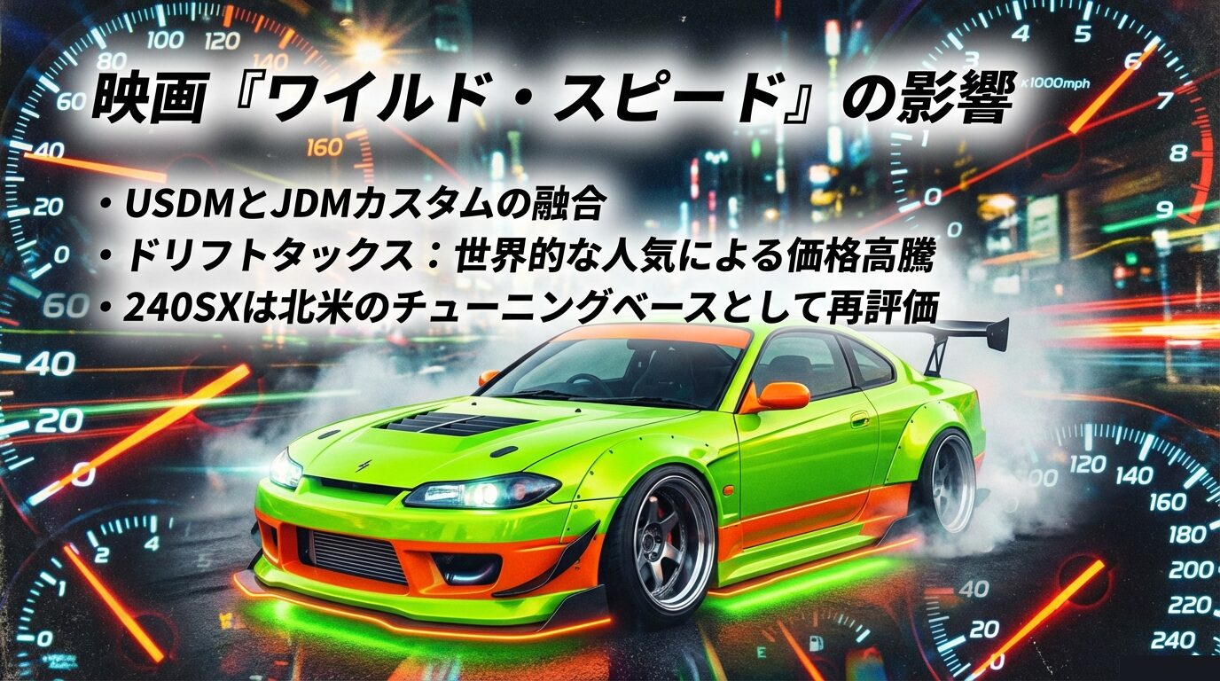 映画の影響によるUSDM/JDMカスタムの融合と、世界的な人気による価格高騰（ドリフトタックス）を解説したイメージ画像