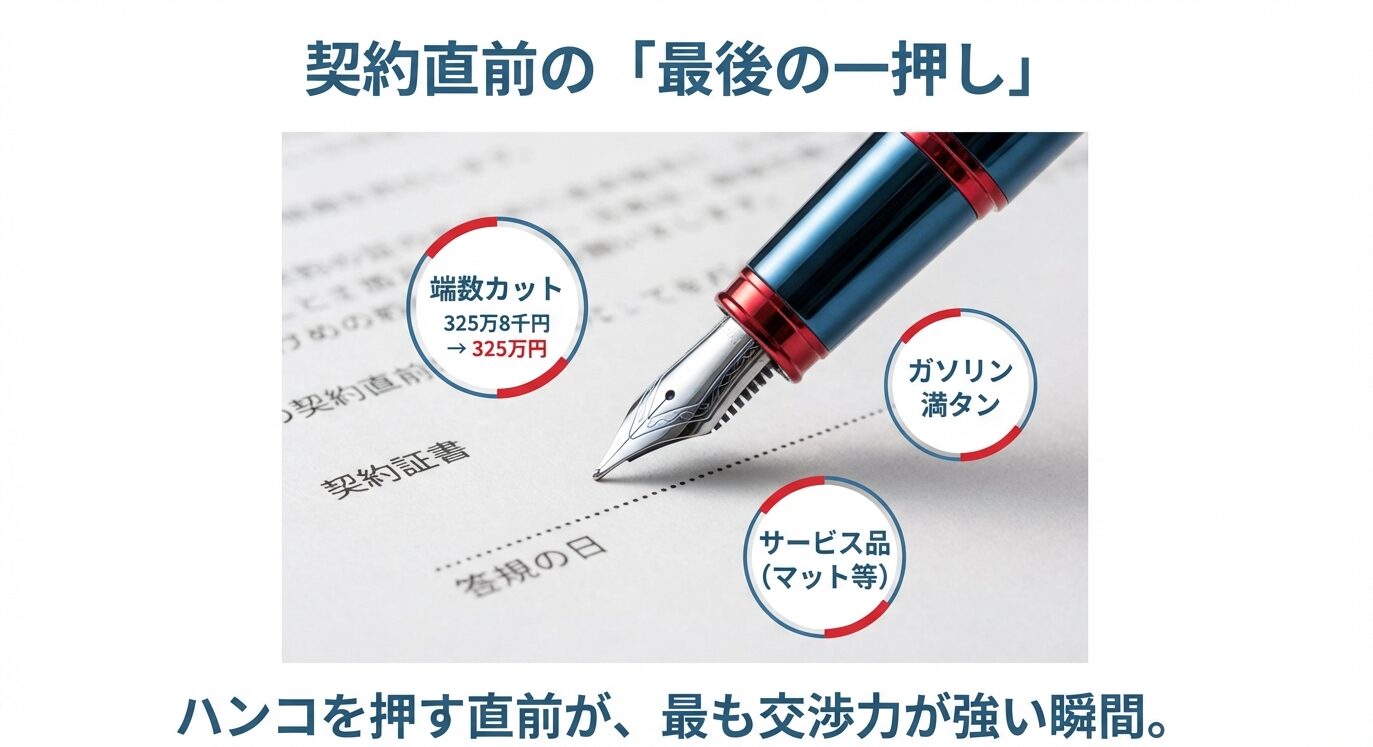 契約証書を前に、端数カット、ガソリン満タン、サービス品(マット等)の3つのポイントを強調したイメージ画像