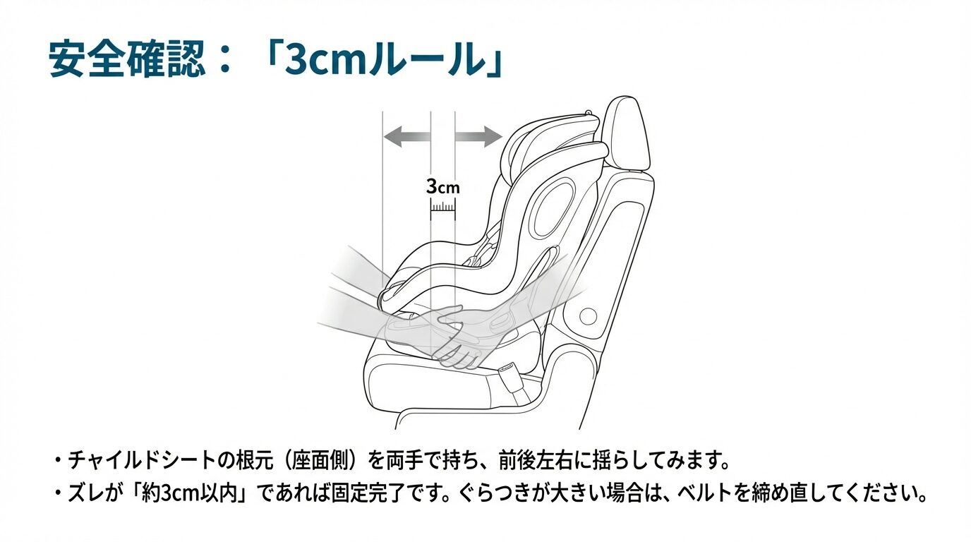 チャイルドシートの根元を両手で持ち、前後左右に揺らしてズレが3cm以内であることを確認する手順