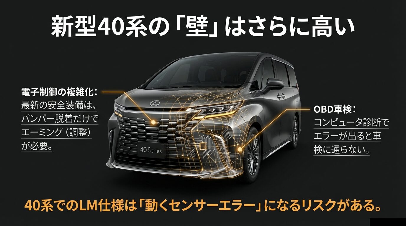 40系での電子制御の複雑化とOBD車検、センサーエラーのリスクを解説するスライド