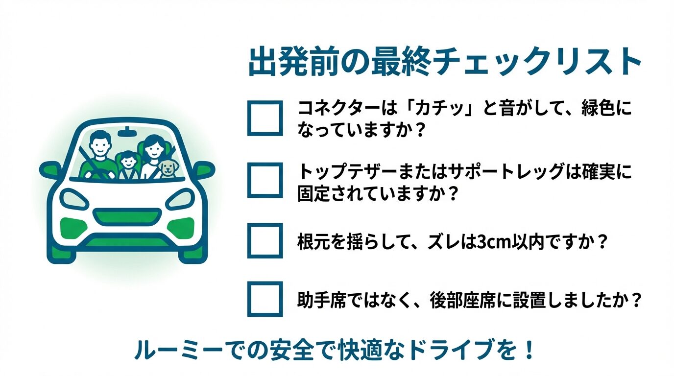 コネクターの色、固定状態、揺れ、設置場所を確認する、ルーミーでの安全ドライブのための最終チェック項目