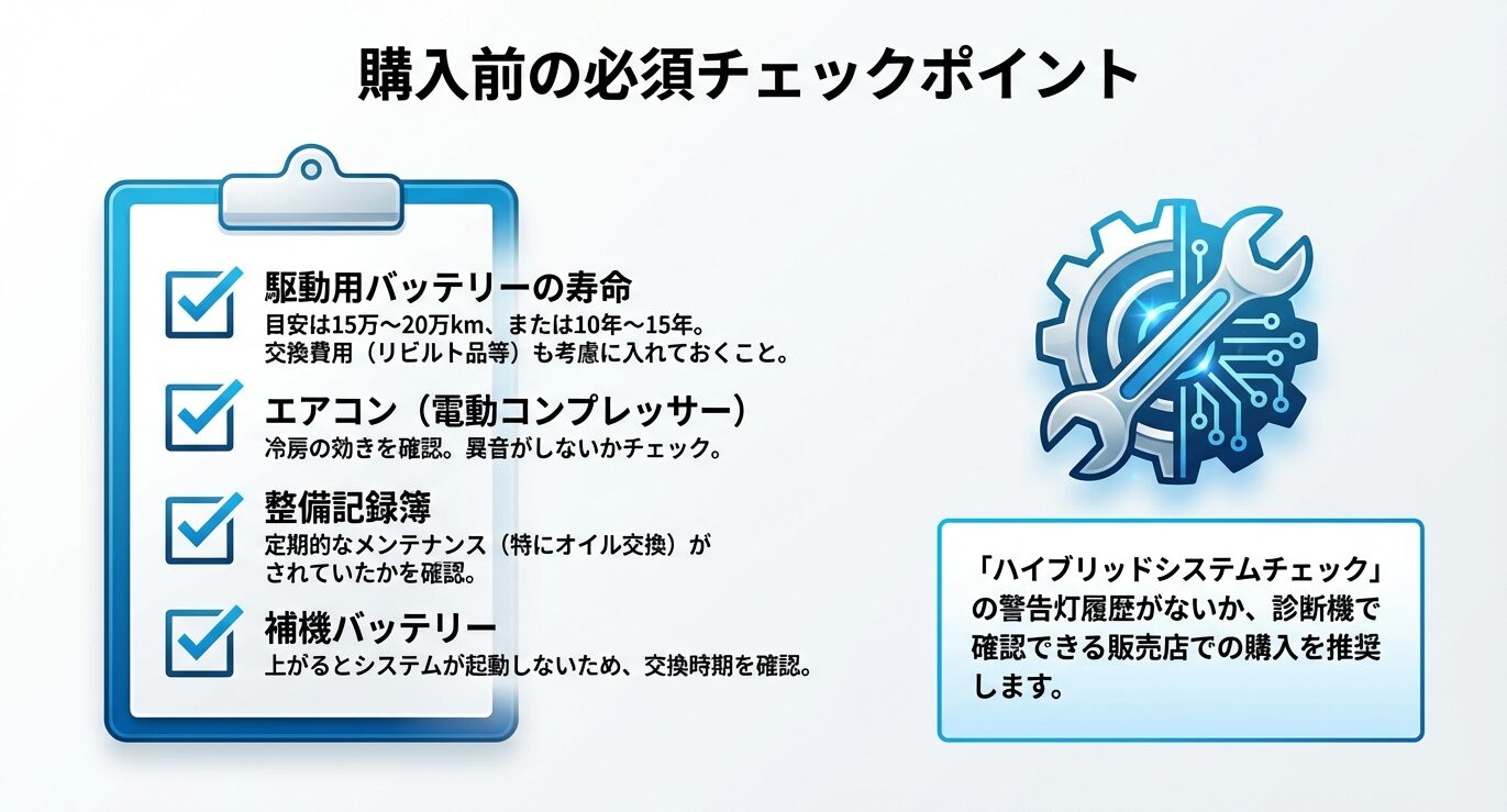 駆動用バッテリー、エアコン、整備記録簿、補機バッテリーなど、購入前に確認すべき重要項目をまとめたリスト画像。