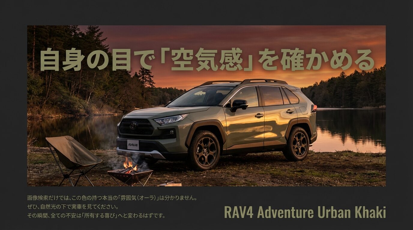 夕暮れ時のキャンプサイトで焚き火を背にするRAV4アーバンカーキの美しい風景写真