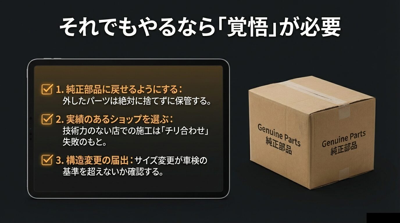 純正部品の保管、実績あるショップ選び、構造変更届出の重要性を示すチェックリスト