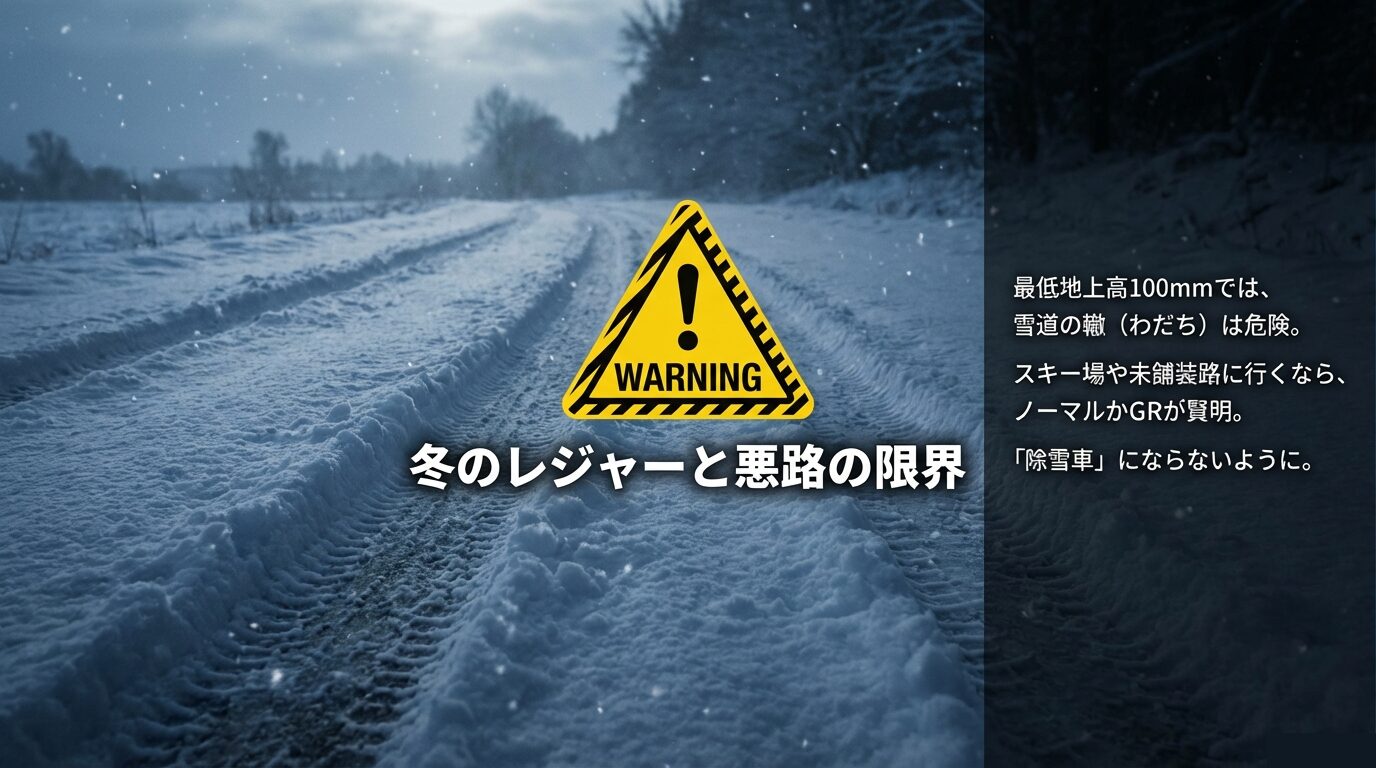 黄色の警告マークとともに、最低地上高100mmでの雪道の轍走行が危険であることを促すメッセージスライド。