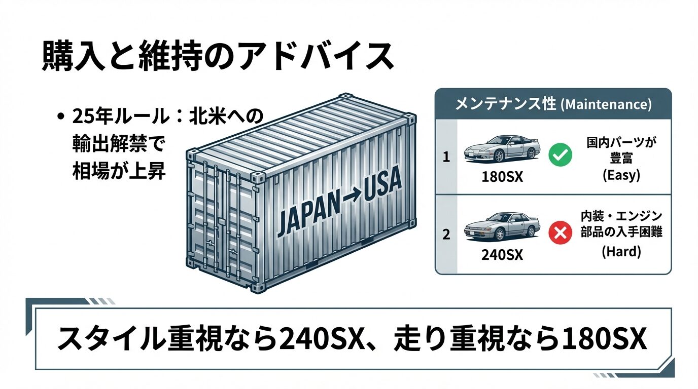 25年ルールによる北米への輸出（コンテナ）のイラストと、180SX・240SXそれぞれの部品入手難易度（Easy/Hard）の比較図